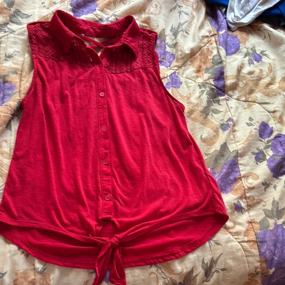 No Boundaries Red Sleeveless Button Down Blouse